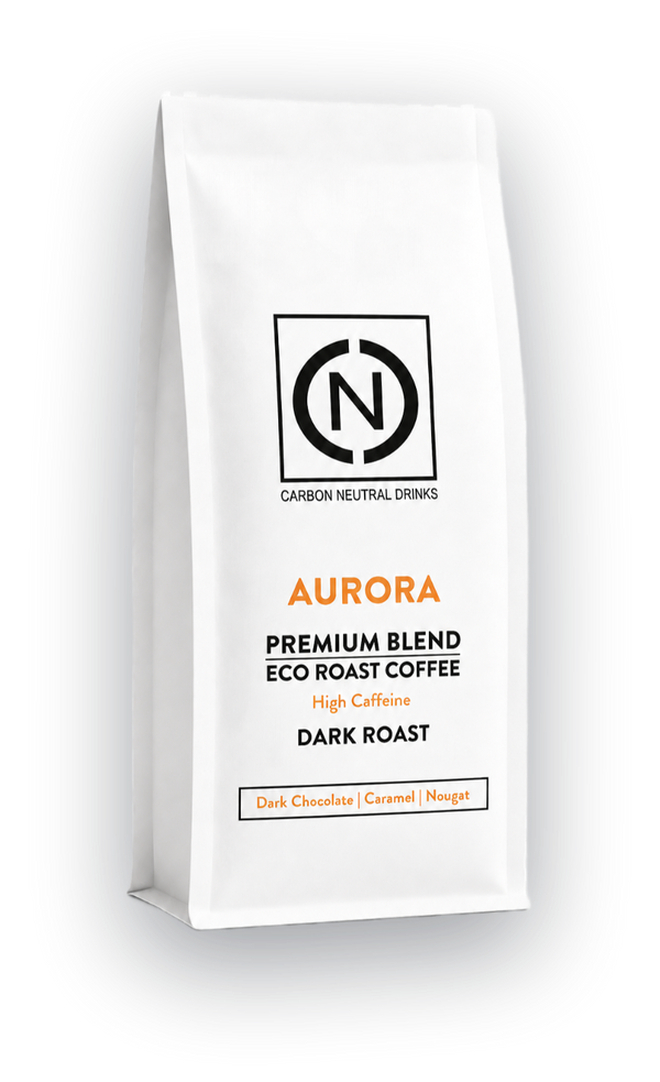 A white bag of Carbon Neutral Drinks Aurora Blend Eco Roast Coffee, Dark Roast, shown on a clean white background with a soft shadow.