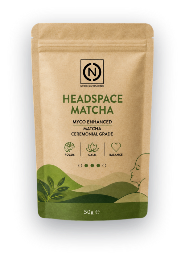 A 50g stand-up pouch of Headspace Matcha ceremonial grade matcha tea, featuring a natural kraft paper design with green illustrations and text.