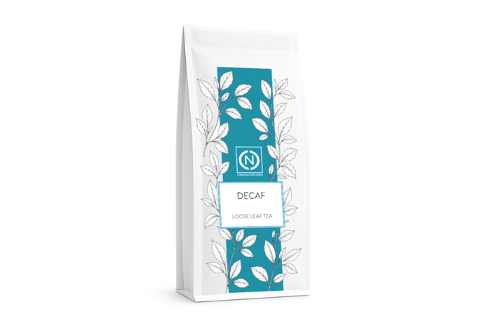 A white stand-up pouch of Decaf Loose Leaf Tea, featuring a teal vertical panel.