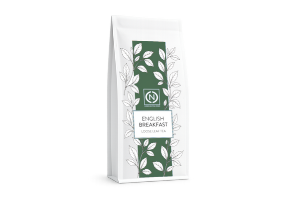 A white stand-up pouch of English Breakfast Loose Leaf Tea with a dark green central label.