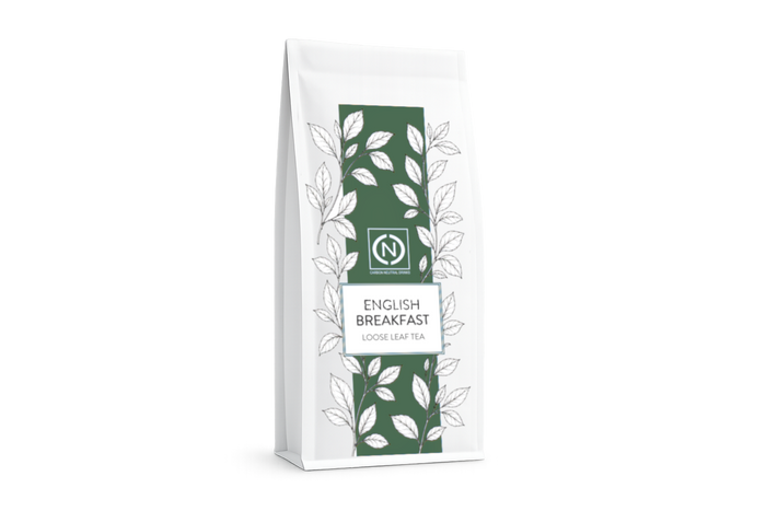 A white stand-up pouch of English Breakfast Loose Leaf Tea with a dark green central label.