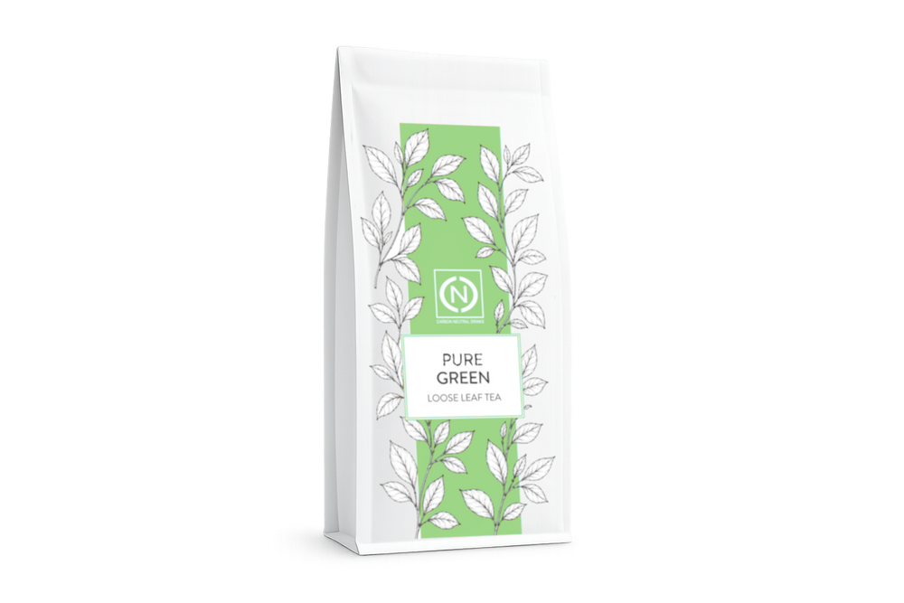 A white stand-up pouch of Pure Green Loose Leaf Tea with a light green central label. — photo 1