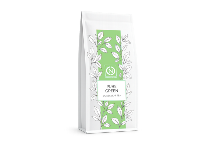 A white stand-up pouch of Pure Green Loose Leaf Tea with a light green central label.